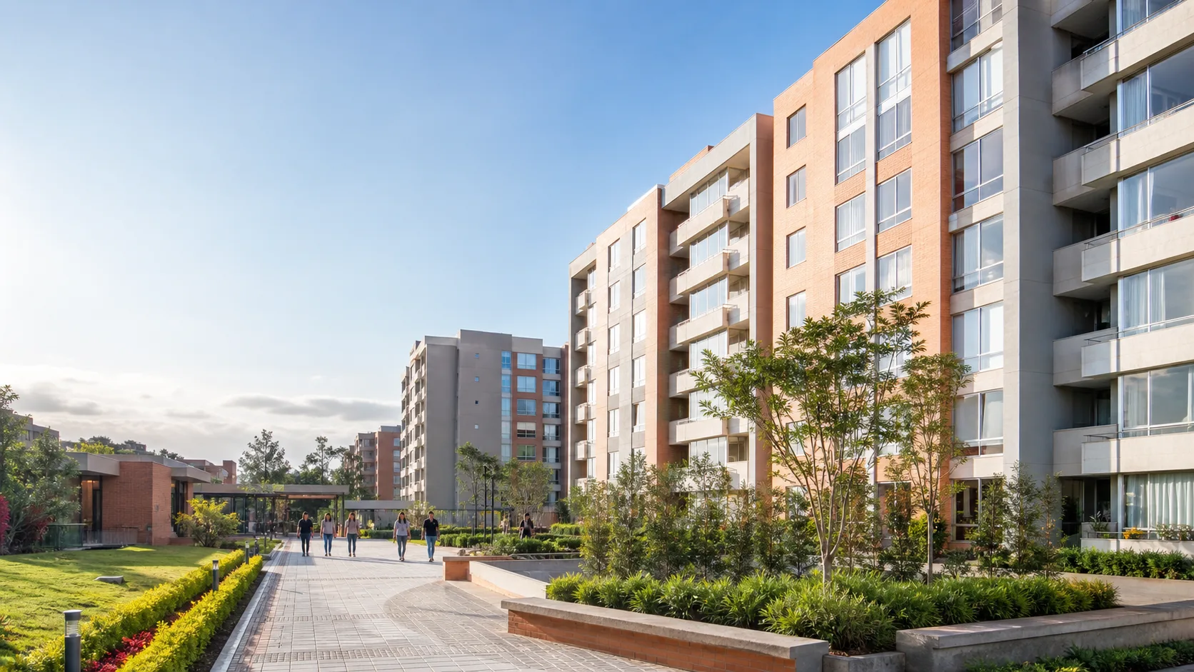 Conjunto residencial contemporáneo con zonas comunes